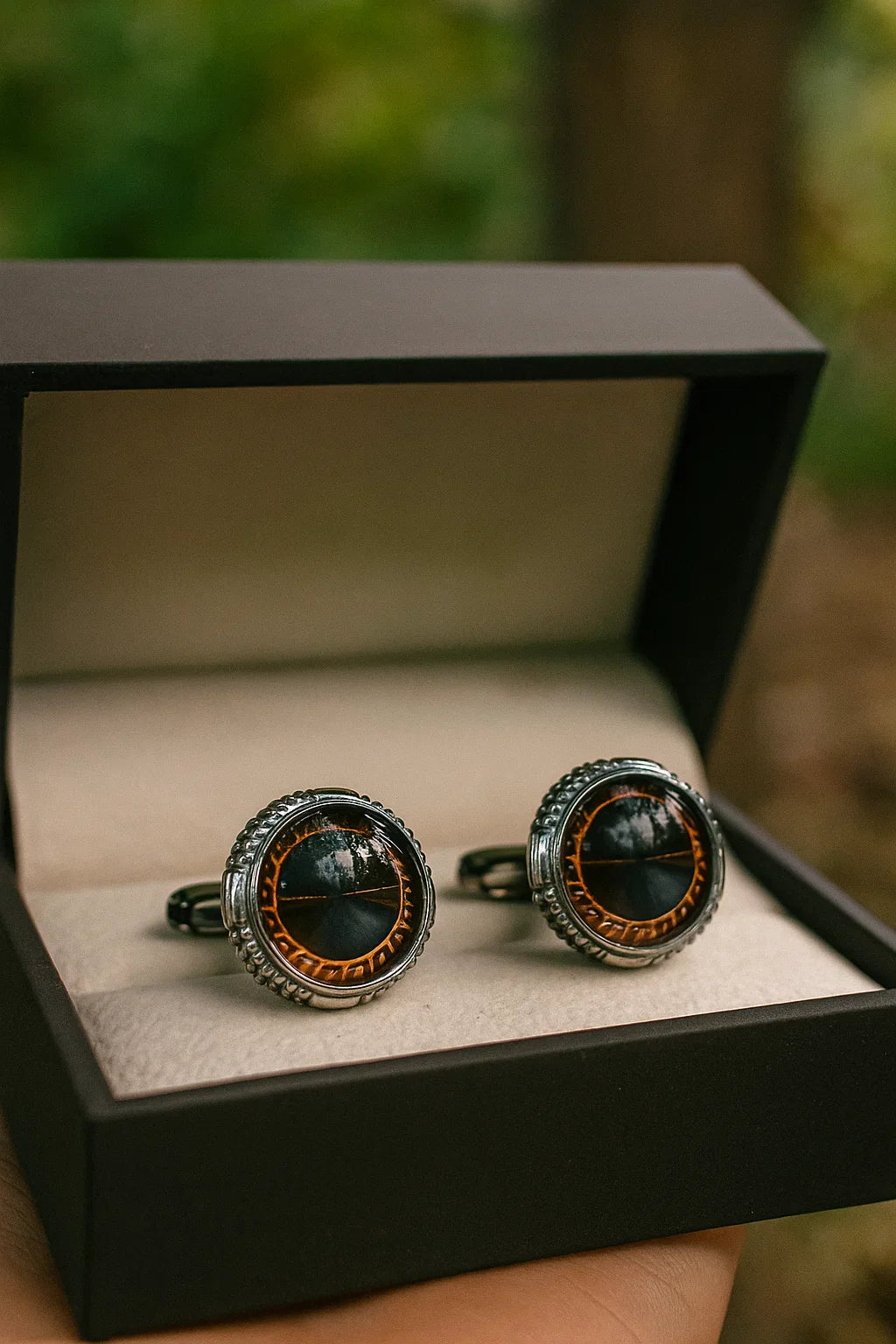 CLASSIC SILVER CUFFLINKS WITH BLACK ENAMEL AND GEOMETRIC BORDER