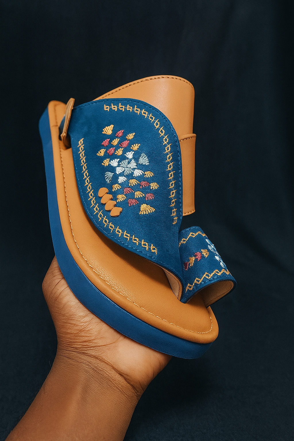 Arabic Khaliji Sandal in Dark brown and blue Color with iconic Embroidery