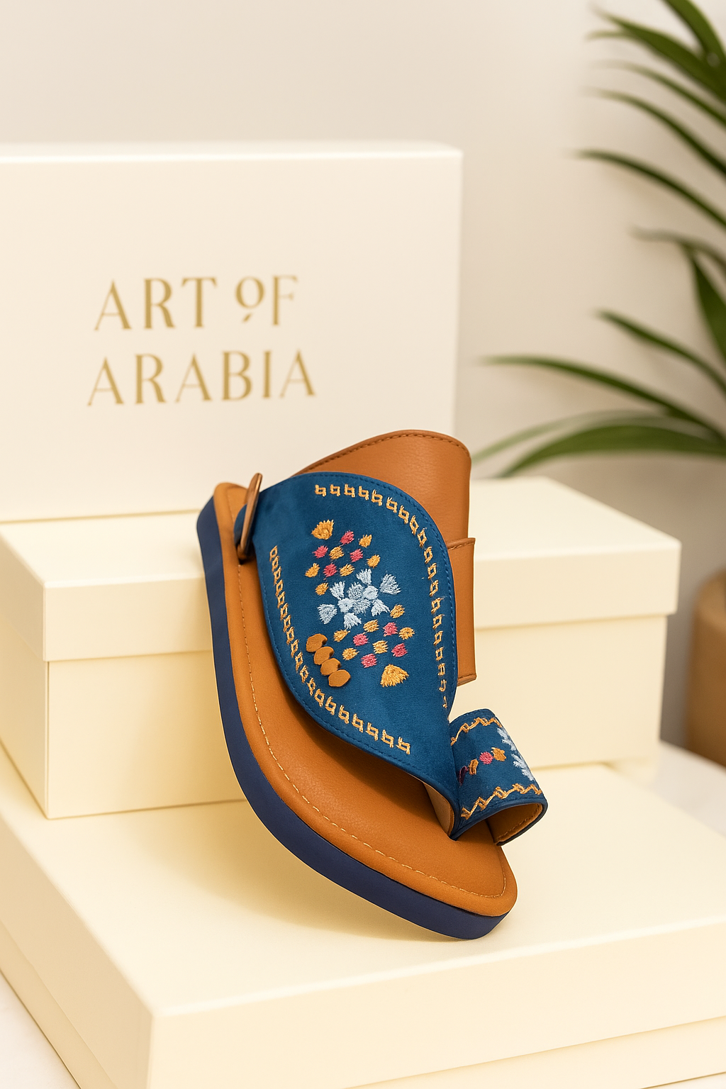 Arabic Khaliji Sandal in Dark brown and blue Color with iconic Embroidery