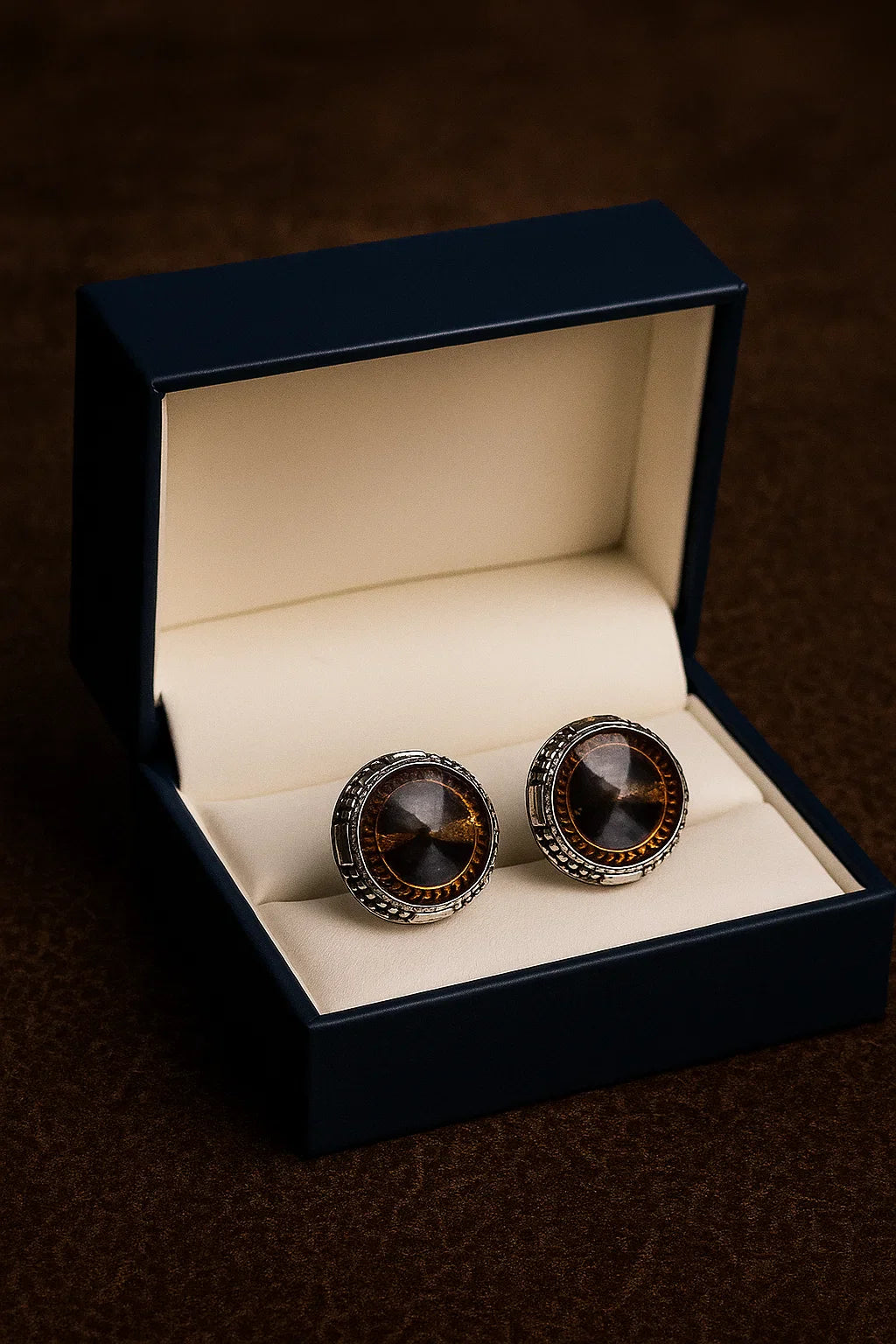 CLASSIC SILVER CUFFLINKS WITH BLACK ENAMEL AND GEOMETRIC BORDER
