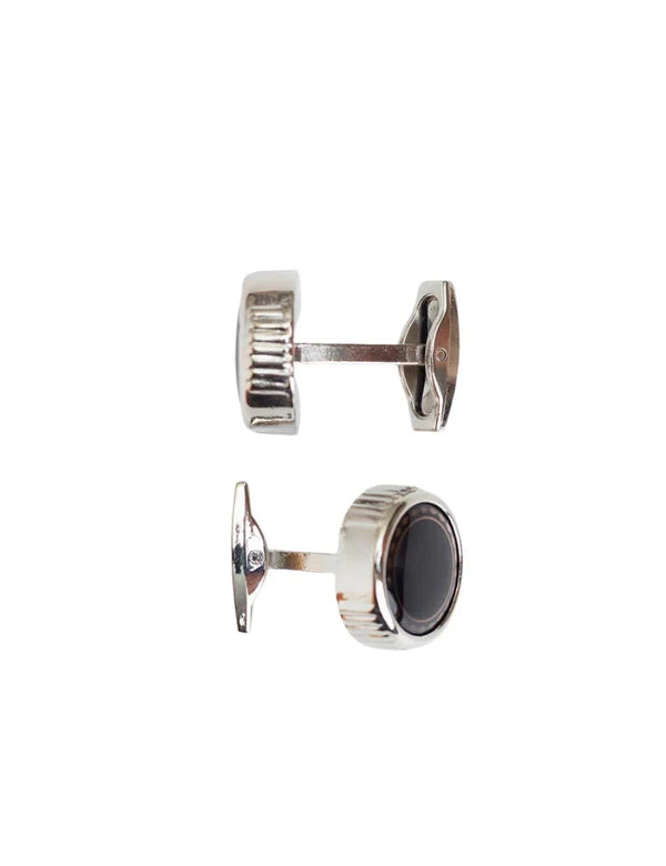 CLASSIC SILVER CUFFLINKS WITH BLACK ENAMEL AND GEOMETRIC BORDER